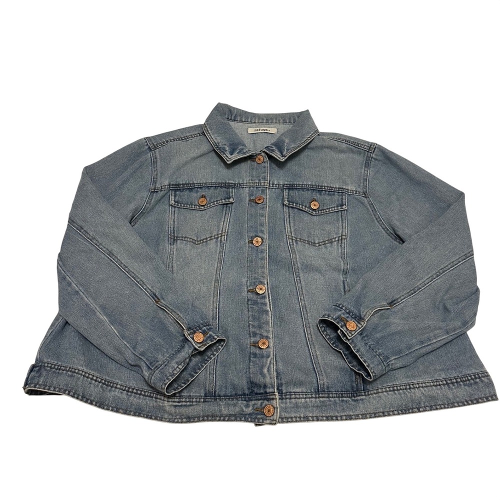 Refuge Plus Womens 2X Denim Jacket Medium Wash Blue Cotton Blend Button Up‎